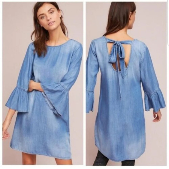 Anthropologie Cloth & Stone Blue Jean Chambray Bell Sleeve Swing Tunic Dress XS - Picture 1 of 11